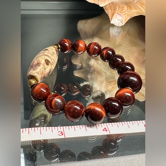 RED TIGERS EYE + MUSHROOM JASPER NATURAL STONES BRACELET size 7” - Picture 7 of 9